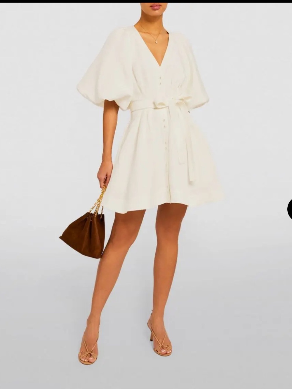Aje Evermore Belted Puff Sleeve Mini Linen Dress in Ivory Sz 6